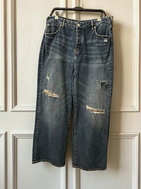 Cleo & Wolf High Rise Straight Wide Leg Jeans With Plaid Patches. Size: 32